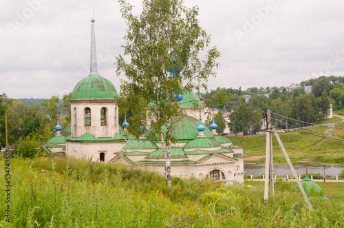 The ancient church of the Nativity of the Blessed Virgin Mary (Paraskeva Friday on the market square) on the early July morning. Staritsa, Tver region, Russia