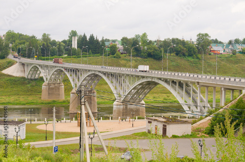 Arched road bridge over the Volga in Staritsa, Tver region, Russia