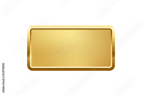 Gold rectangle button with frame vector illustration. 3d golden glossy elegant design for empty emblem, medal or badge, shiny and gradient light effect on plate isolated on white background