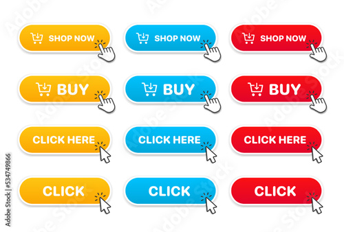 3d click here web buttons. Set of action button, hand cursor and arrow pointing click link buttons. Add to cart, shop now buttons. Online shopping icons for UI UX website, mobile app.