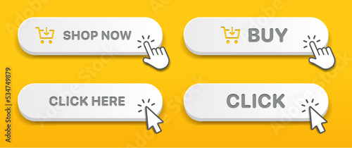 3d click here web buttons. Set of action button, hand cursor and arrow pointing click link buttons. Add to cart, shop now buttons. Online shopping icons for UI UX website, mobile app.