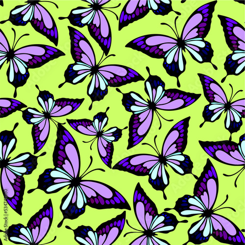 seamless pattern of bright butterflies in purple tones on a light green background  texture  design
