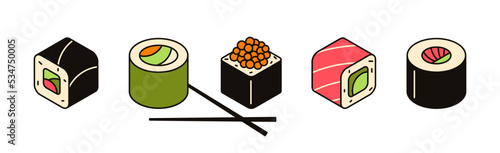 Asian traditional food vector illustration. 3d sushi icon set, seafood, japanese cuisine. Rolls with rice, fish, salmon, avocado and seaweed