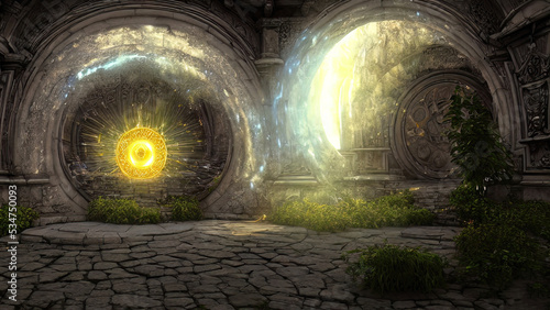 Old palace stone corridor  portal  passage to another world. Stone arches with magical light  runes. Fantasy palace interior with a portal. 3D illustration.