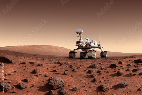 3d illustration of robot in planet Mars, explore scenic desert on the red planet