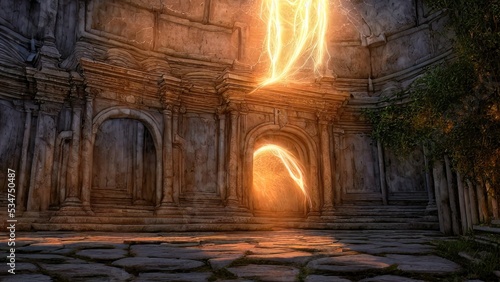 Old palace stone corridor  portal  passage to another world. Stone arches with magical light  runes. Fantasy palace interior with a portal. 3D illustration.