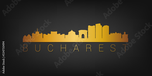 Bucharest, Romania Gold Skyline City Silhouette Vector. Golden Design Luxury Style Icon Symbols. Travel and Tourism Famous Buildings.