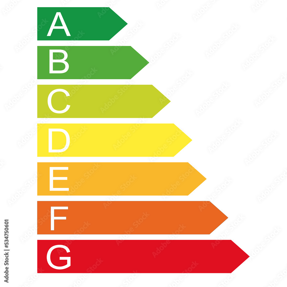 Efficiency energy rating labels, classification, A-G. Flat design element. Isolated png illustration, transparent background. Asset for overlay, montage, collage, presentation. Energy use concept.