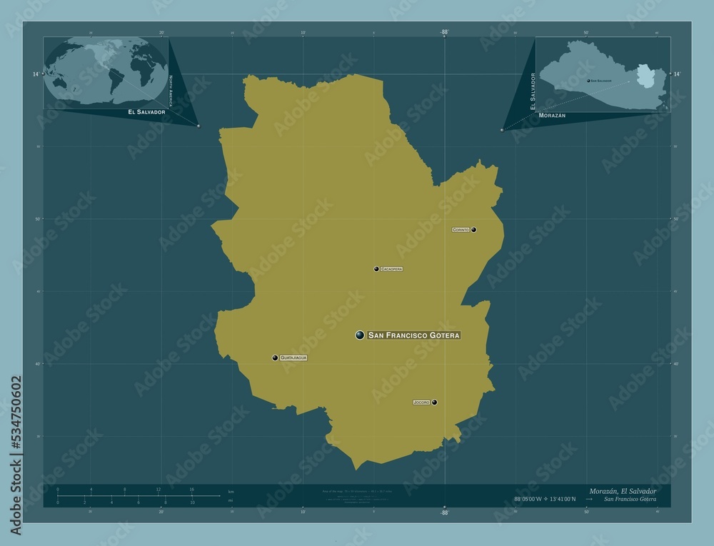 Morazan, El Salvador. Solid. Labelled points of cities Stock