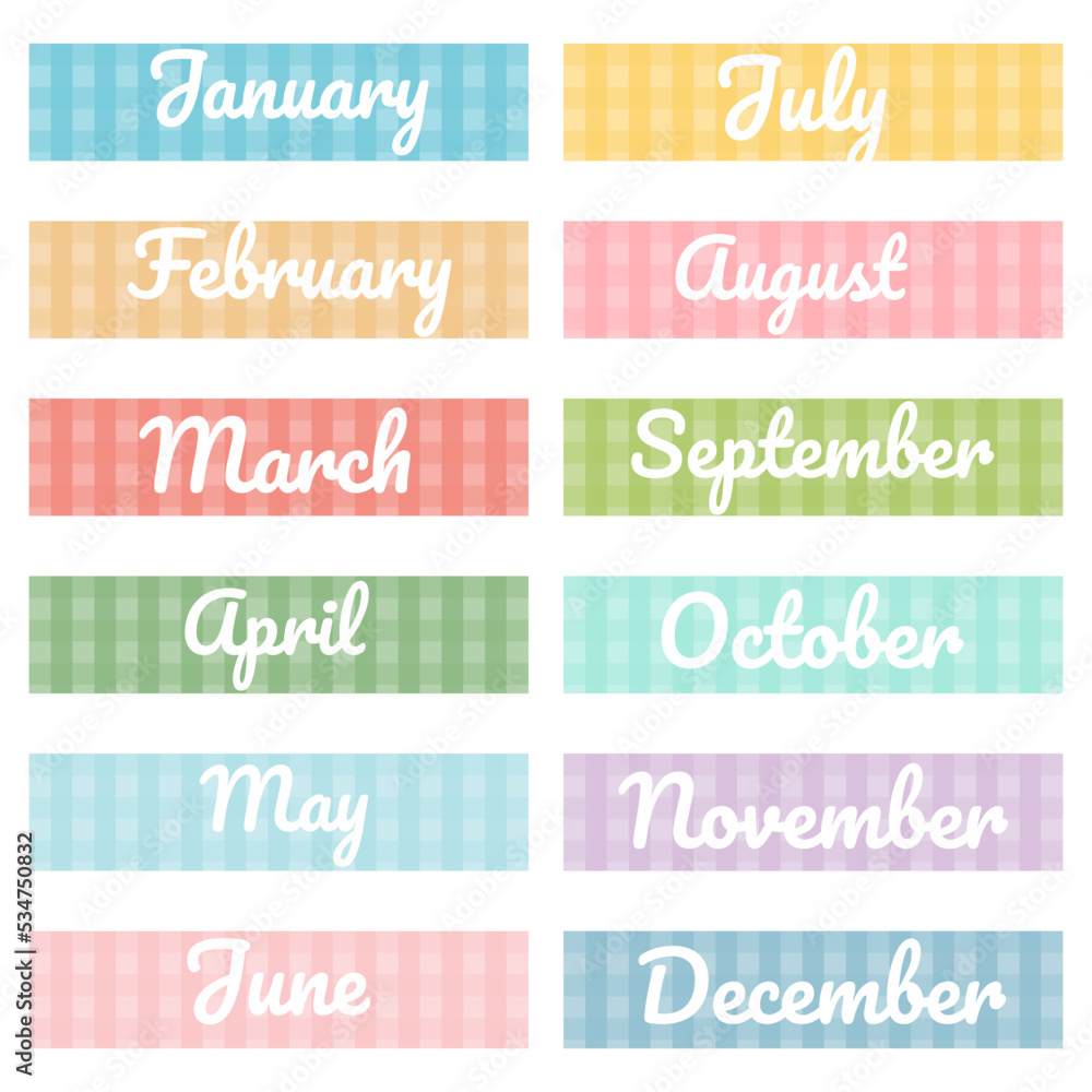 Cute month tape for planner .Printable planner stickers. Decorative planning element. Vector illustration.
