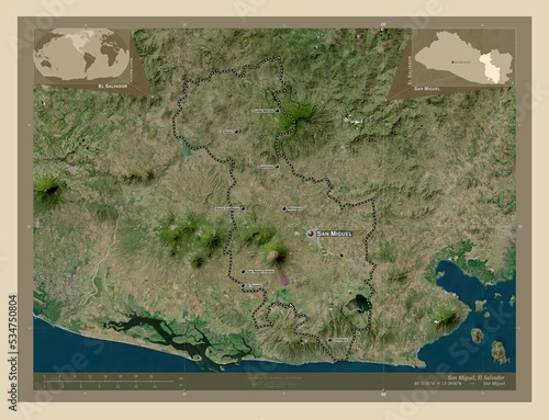 San Miguel, El Salvador. High-res satellite. Labelled points of cities photo