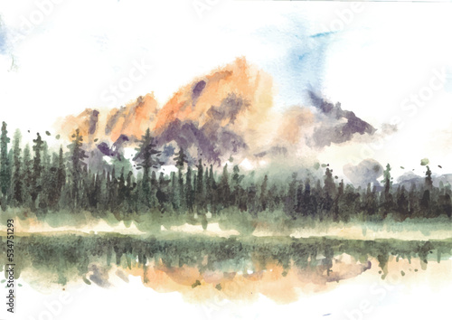 Reflection of pine forest and mountain lake watercolor