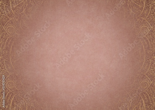 Pale pink textured paper with vignette of golden hand-drawn pattern and golden glittery splatter on a darker background color. Copy space. Digital artwork, A4. (pattern: p08-2b) © Maria