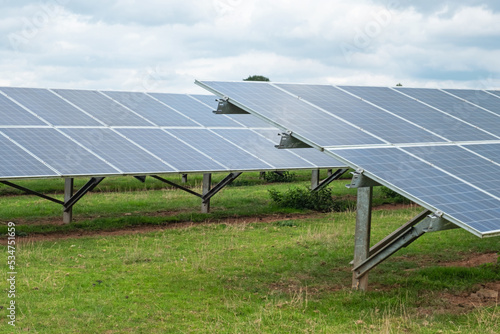 Close up of solar panels on farmland in East Devon, UK