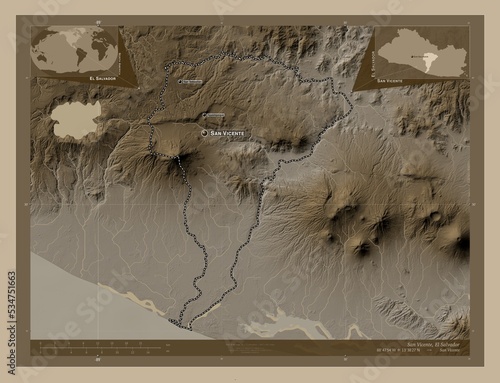 San Vicente, El Salvador. Sepia. Labelled points of cities photo