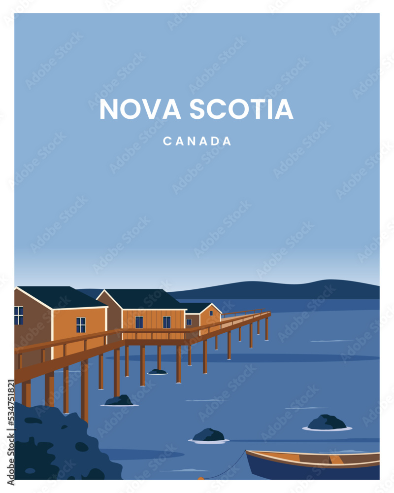 Nova Scotia landscape background. Travel to Nova Scotia Canada. cartoon vector illustration with colored style.