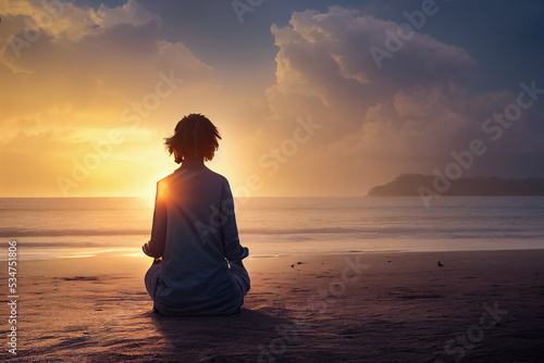 3d illustration of woman in lotus position meditating and breathing in beach at sunset