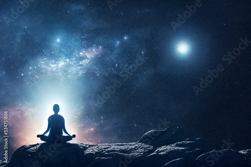 Fotografiet 3d illustration of woman in lotus position meditating and breathing in sky with