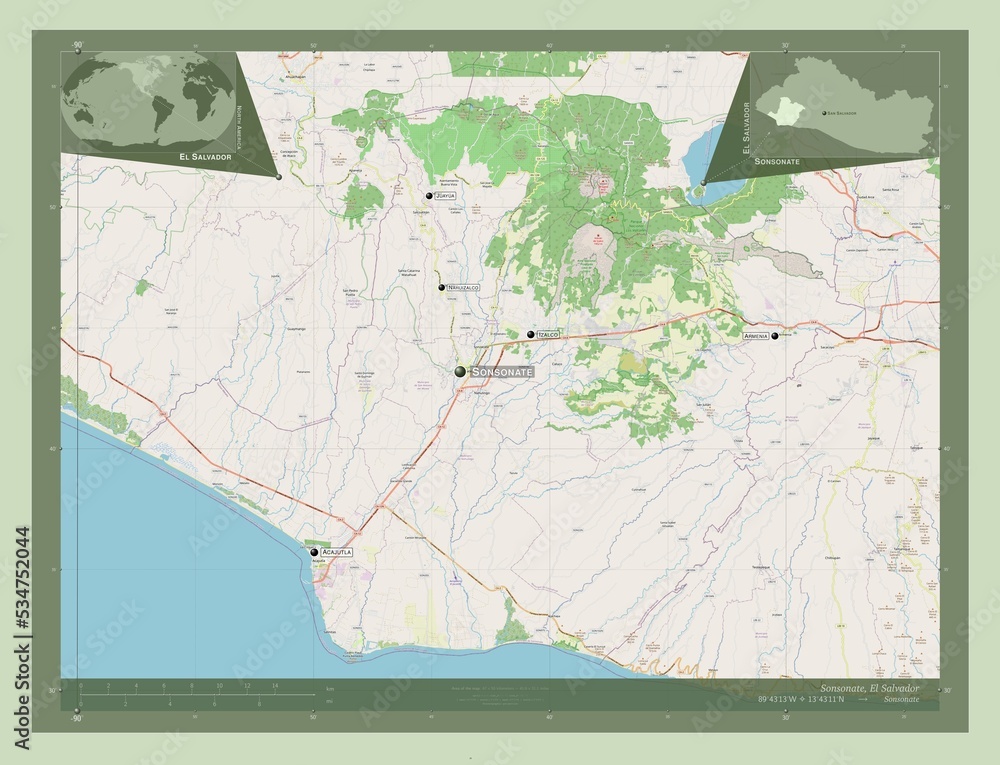 Fototapeta premium Sonsonate, El Salvador. OSM. Labelled points of cities