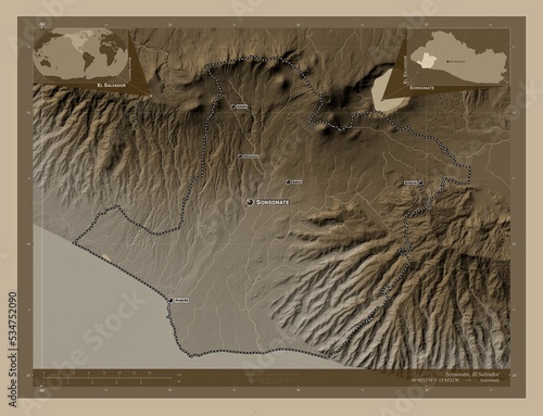 Sonsonate, El Salvador. Sepia. Labelled points of cities photo