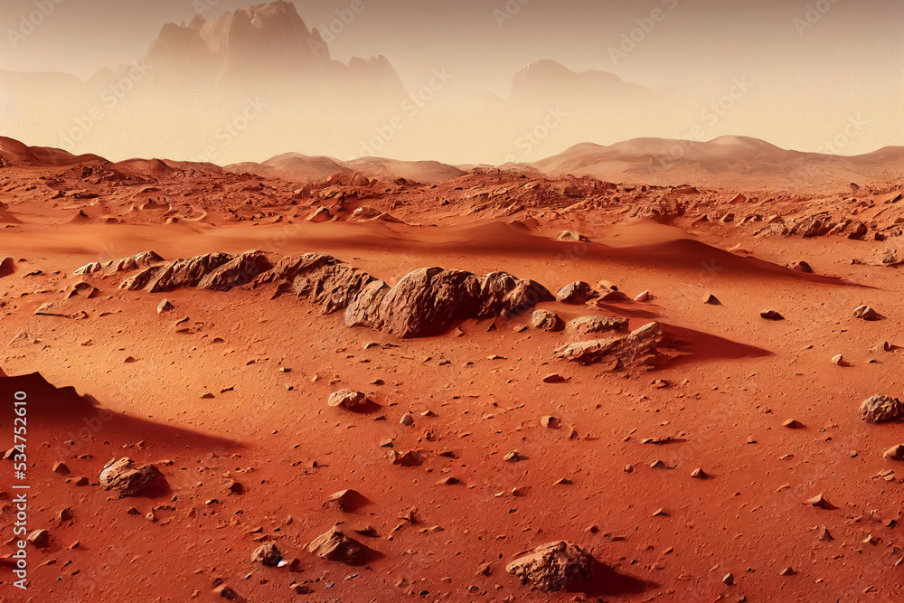 3d illustration of landscape on planet Mars, scenic desert on the red planet