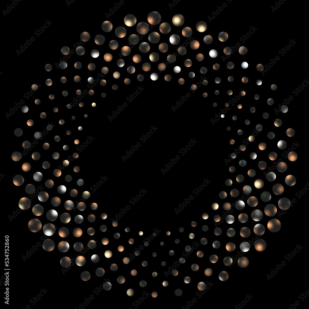 Glare sequins mosaic round shape on black background isolated. Sparkling dots repeat circles abstract textured pattern. Glare sequins mosaic round shape on black background isolated. Sparkling dots repeat circles abstract textured pattern.