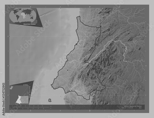 Litoral, Equatorial Guinea. Grayscale. Labelled points of cities photo