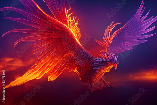 3d illustration of Phoenix fantastic in flight flapping wings blazing with fire