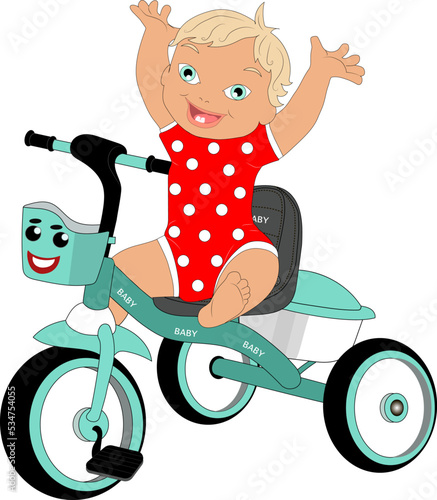 The kid sits on a turquoise children's tricycle with a basket for things and smiles.
