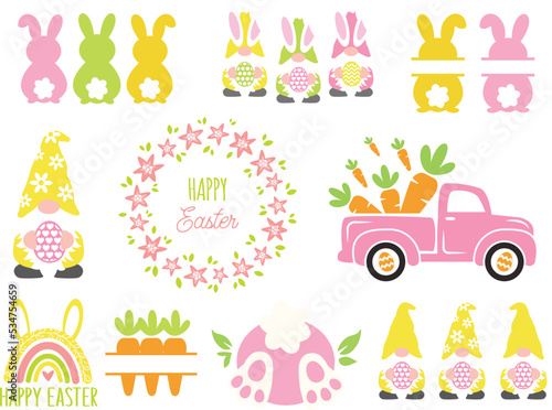 Cute Easter Svg Bundle. Easter gnomes vector illustration isolated on white background. Easter clipart - carrot truck, bunny split, floral sign, rainbow, bunny tail. Spring kids shirt design