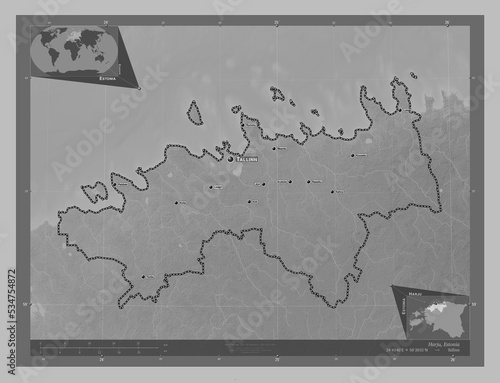 Harju, Estonia. Grayscale. Labelled points of cities photo