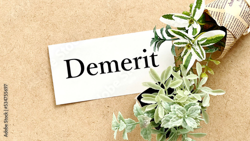 コルクボードの上の白い用紙にDemerit文字と植物_ワイド