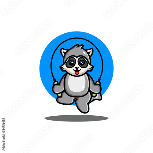 Cute raccoon play jump rope cartoon vector 