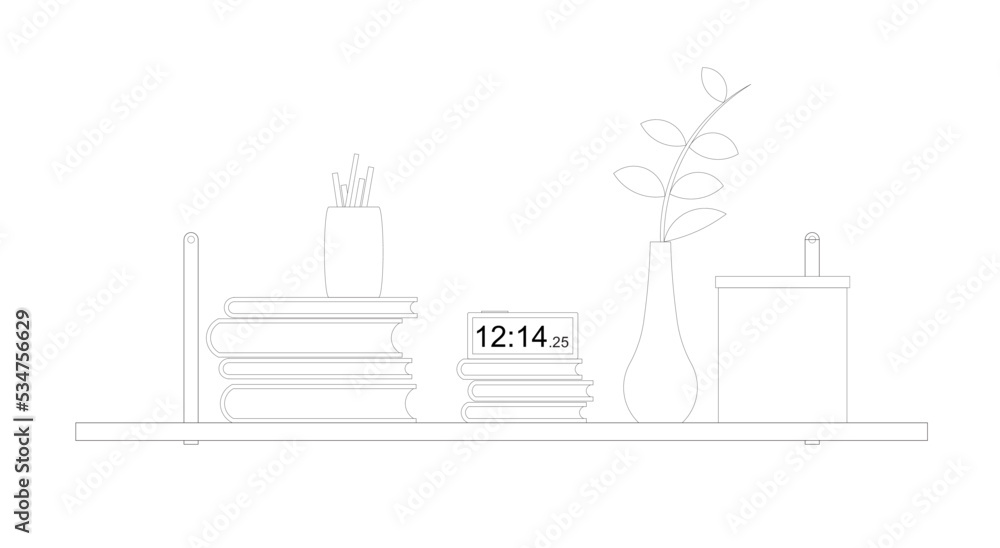 
Graphic illustration of an open bookshelf and some other decorations such as a flower pot on it. Drawn with CAD and in black and white.