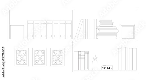  Graphic illustration of an open bookshelf and some other decorations such as a flower pot on it. Drawn with CAD and in black and white.