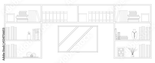 
Graphic illustration of an open bookshelf and some other decorations such as a flower pot on it. Drawn with CAD and in black and white.