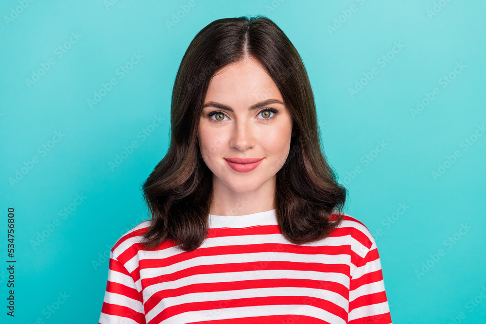 Closeup photo of young adorable attractive pretty woman wear striped red t-shirt positive confident employer isolated on cyan color background Closeup photo of young adorable attractive pretty woman wear striped red t-shirt positive confident employer isolated on cyan color background