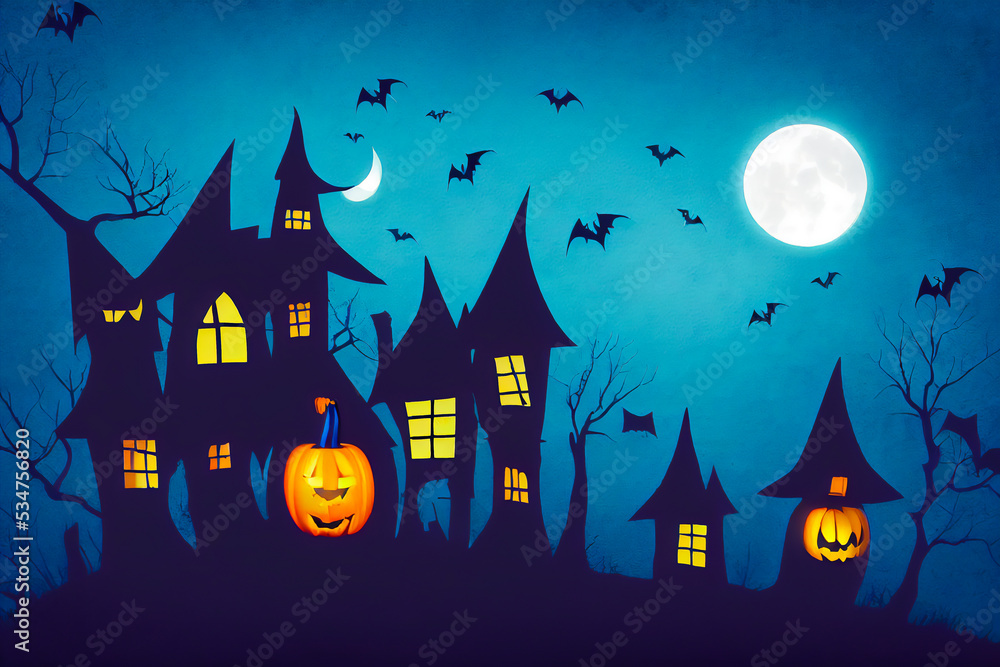 Halloween drawing with haunted witch house, dark blue sky, and orange pumpkins decoration