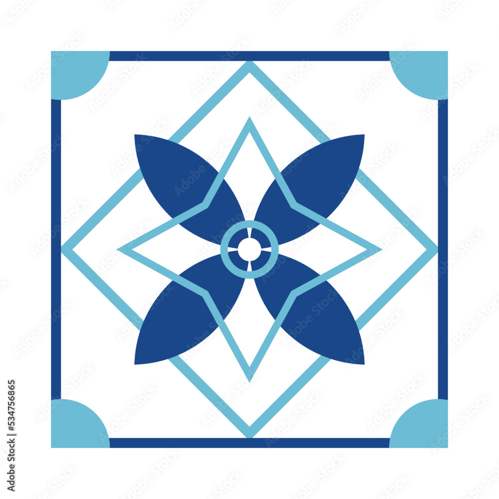 Square with geometric ornaments. Blue tile. Square with geometric ornaments. Blue tile.