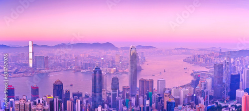 View of Victoria Harbor and Hong Kong skyline at dusk.