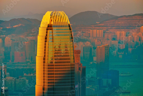 View of the skyscraper in Hong Kong at sunset.