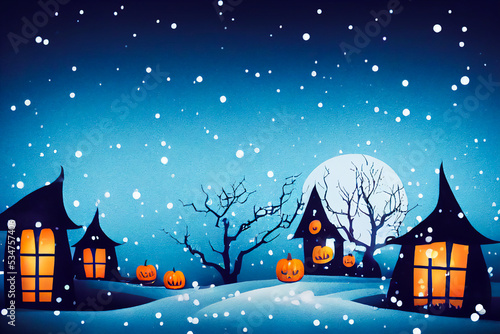 Halloween drawing under the snow, with scary haunted house and orange pumpkins © XaMaps