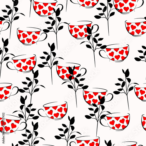 Cup seamless pattern. Mugs with heart print and twigs with leaves. Autumn motif. Prints, packaging template, textiles, bedding and wallpaper.