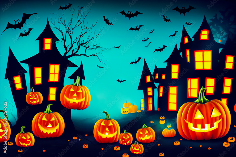 Halloween drawing to terrify children with many pumpkins and witch decor and bats