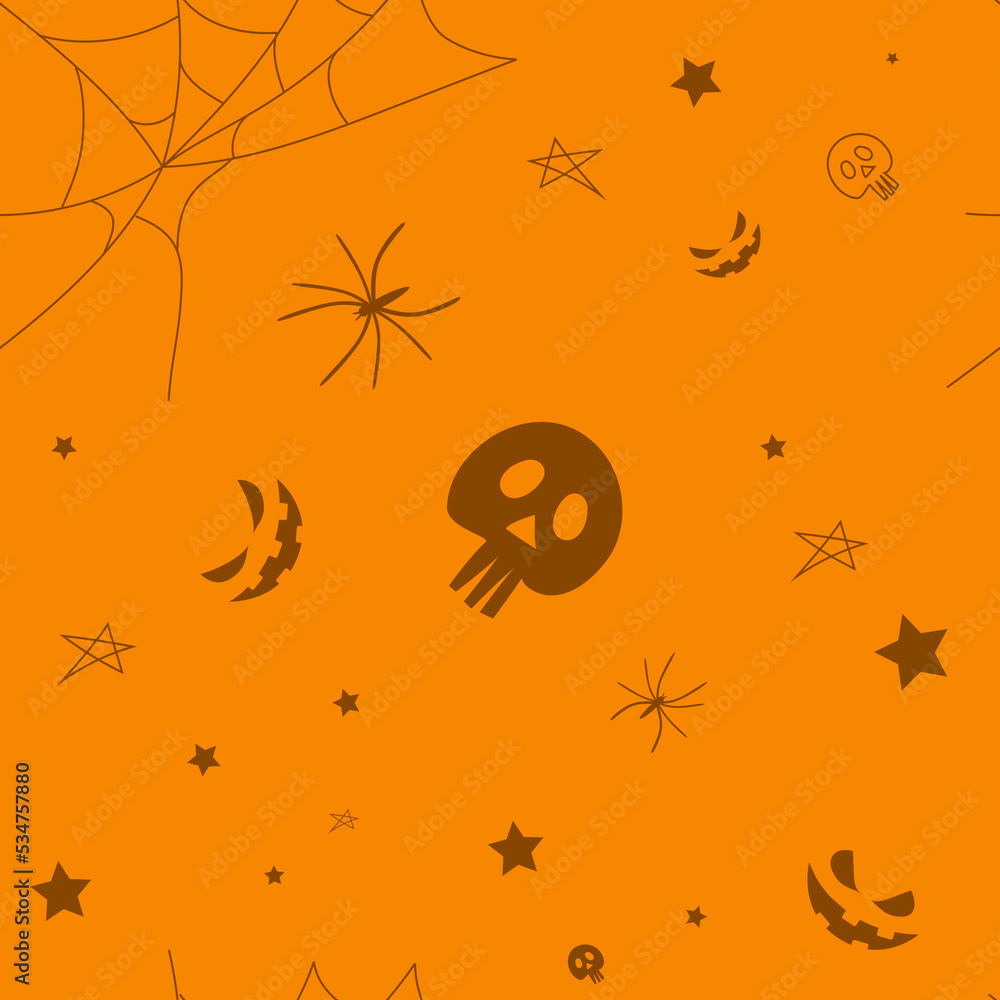 Vector. Happy colorful halloween background. Funny cartoon style. Background with hand drawn outline Halloween elements: spider web, spider, skull, stars, anthropomorphic face.