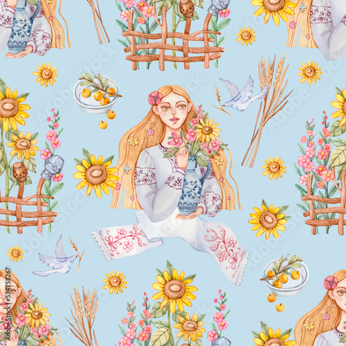 Wallpaper Mural Seamless pattern with a Ukrainian woman in a traditional embroidered shirt with a jug with flowers in her hands and other Ukrainian attributes painted in watercolor. Torontodigital.ca