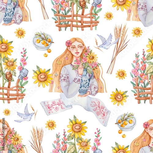 Wallpaper Mural Seamless pattern with a Ukrainian woman in a traditional embroidered shirt with a jug with flowers in her hands and other Ukrainian attributes painted in watercolor. Torontodigital.ca