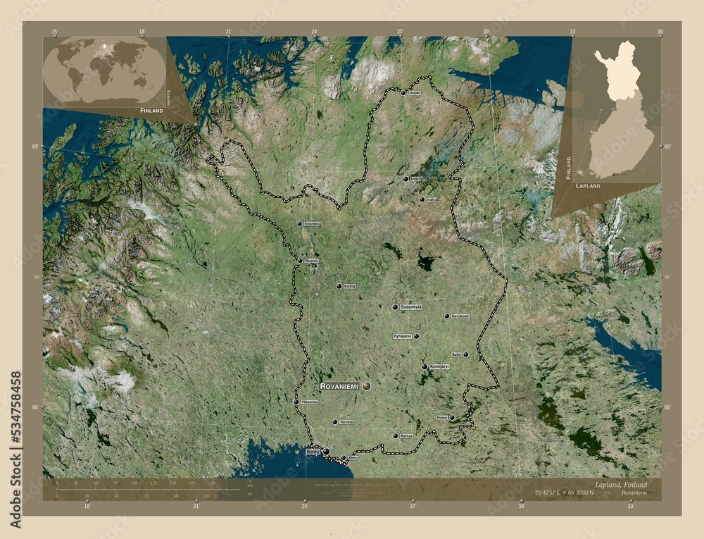 Lapland, Finland. High-res satellite. Labelled points of cities