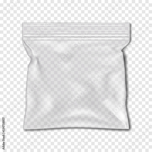 Clear square resealable plastic bag with zip lock on transparent background realistic vector mock-up. Empty zipper PVC vinyl package mockup