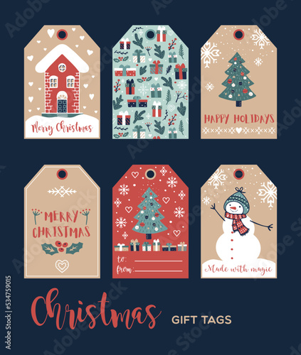 Set of cute Christmas gift tags in hand drawn doodle style. Vector greeting card designs
